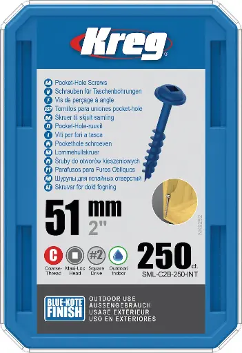 [KRE-SML-C2B-250-INT] Kreg Pocket-Hole Screws 51 mm, Blue-Kote™, Maxi-Loc, Coarse Thread, 250 piece