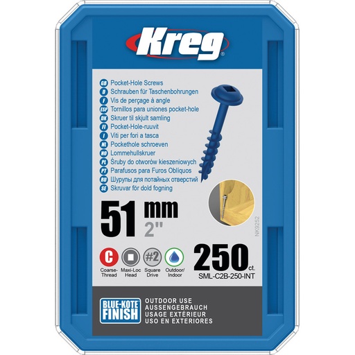 [KRE-SML-C2B-250-INT] Kreg Pocket-Hole schroeven 51 mm, Blue-Kote™, Maxi-Loc, Grof, 250 stuk