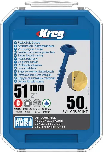 [KRE-SML-C2B-50-INT] Kreg Pocket-Hole Screws 51 mm, Blue-Kote™, Maxi-Loc, Coarse Thread, 50 piece