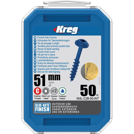 [KRE-SML-C2B-50-INT] Kreg Pocket-Hole schroeven 51 mm, Blue-Kote™, Maxi-Loc, Grof, 50 stuk