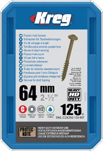 [KRE-SML-C2X250-125-INT] Kreg HD Pocket-Hole Screws 64 mm, Protec-Kote™, Maxi-Loc, Coarse Thread, 125 piece