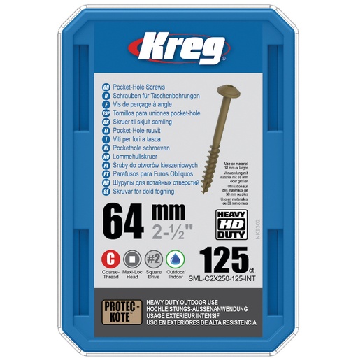 [KRE-SML-C2X250-125-INT] Kreg Pocket-Hole schroeven 64 mm, Protec-Kote™, Maxi-Loc, Grof, 125 stuk