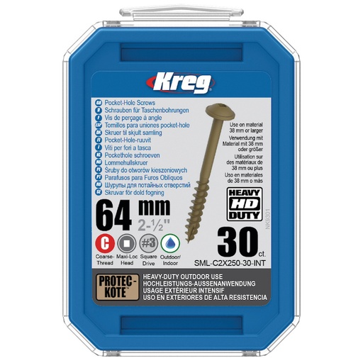 [KRE-SML-C2X250-30-INT] Kreg HD Pocket-Hole Screws 64 mm, Protec-Kote™, Maxi-Loc, Coarse Thread, 30 piece