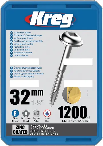 [KRE-SML-F125-1200-INT] Kreg Pocket-Hole schroeven 32 mm, Zinc Coated, Maxi-Loc, Fijn, 1200 stuk