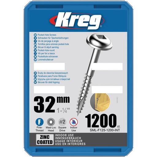[KRE-SML-F125-1200-INT] Vis à trous de poche Kreg 32 mm Revêtu de Zinc Maxi-Loc, Filetage fin, 1200