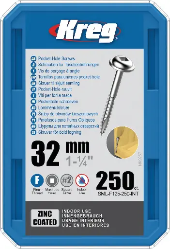 [KRE-SML-F125-250-INT] Kreg Pocket-Hole schroeven 32 mm, Zinc Coated, Maxi-Loc, Fijn, 250 stuk