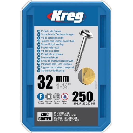 [KRE-SML-F125-250-INT] Vis à trous de poche Kreg Revêtu de Zinc Maxi-Loc, Filetage fin, 250