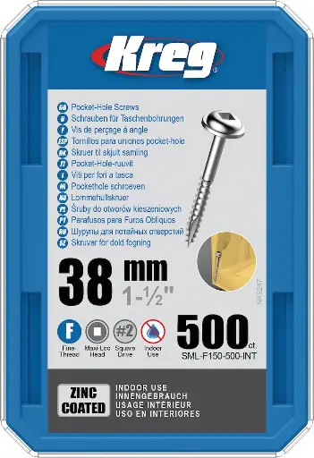 [KRE-SML-F150-500-INT] Kreg Pocket-Hole schroeven 38 mm, Zinc Coated, Maxi-Loc, Fijn, 500 stuk