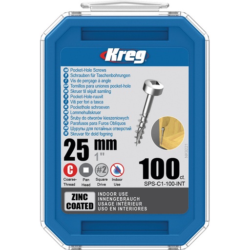 [KRE-SPS-C1-100-INT] Kreg Pocket-Hole schroeven 25 mm, Zinc Coated, Pan-Head, Grof, 100 stuk