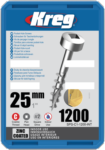 [KRE-SPS-C1-1200-INT] Kreg Pocket-Hole schroeven 25 mm, Zinc Coated, Pan-Head, Grof, 1200 stuk