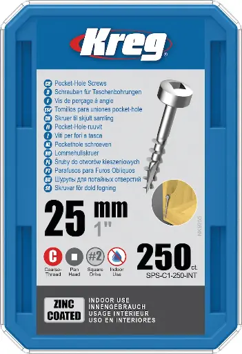 [KRE-SPS-C1-250-INT] Kreg Pocket-Hole Screws 25 mm, Zinc Coated, Pan-Head, Coarse Thread, 250 piece