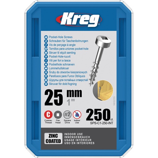 [KRE-SPS-C1-250-INT] Kreg Pocket-Hole schroeven 25 mm, Zinc Coated, Pan-Head, Grof, 250 stuk