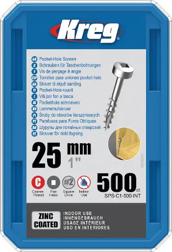 [KRE-SPS-C1-500-INT] Kreg Pocket-Hole Screws 25, Zinc Coated, Pan-Head, Coarse Thread, 500 piece