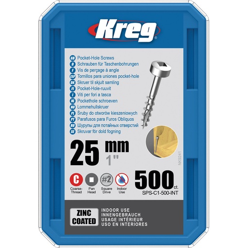 [KRE-SPS-C1-500-INT] Kreg Pocket-Hole schroeven 25, Zinc Coated, Pan-Head, Grof, 500 stuk