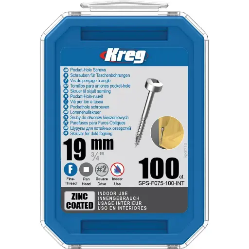 [KRE-SPS-F075-100-INT] Kreg Pocket-Hole Screws 19 mm, Zinc Coated, Pan-Head, Fine Thread, 100 piece