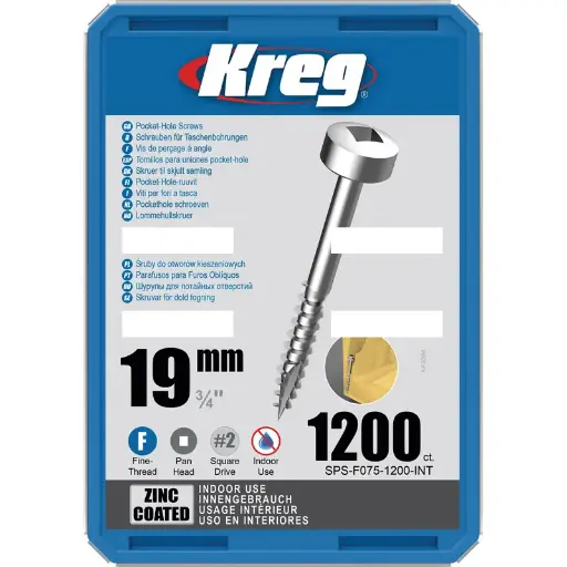 [KRE-SPS-F075-1200-INT] Kreg Pocket-Hole Screws 19 mm, Zinc Coated, Pan-Head, Fine Thread, 1200 piece