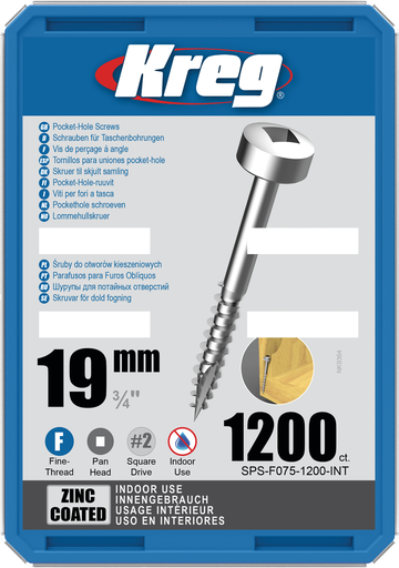 [KRE-SPS-F075-1200-INT] Kreg Pocket-Hole schroeven 19 mm, Zinc Coated, Pan-Head, Fijn, 1200 stuk