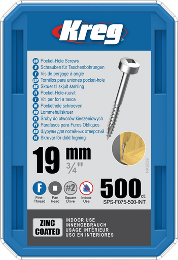 [KRE-SPS-F075-500-INT] Kreg Pocket-Hole schroeven 19 mm, Zinc Coated, Pan-Head, Fijn, 500 stuk