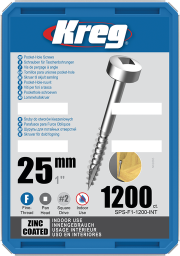 [KRE-SPS-F1-1200-INT] Kreg Pocket-Hole Screws 25 mm, Zinc Coated, Pan-Head, Fine Thread, 1200 piece