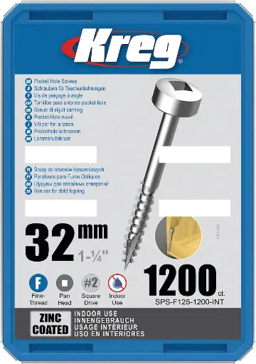 [KRE-SPS-F125-1200-INT] Kreg Pocket-Hole Screws 32 mm, Zinc Coated, Pan-Head, Fine Thread, 1200 piece