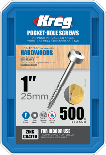 [KRE-SPS-F1-500-INT] Kreg Pocket-Hole Screws 25 mm, Zinc Coated, Pan-Head, Fine Thread, 500 piece