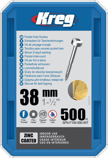 [KRE-SPS-F150-500-INT] Kreg Pocket-Hole schroeven 38 mm, Zinc Coated, Pan-Head, Fijn, 500 stuk