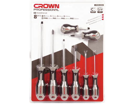 [CRO-CPHDS-AX08] crown Professionele schroevendraaierset 8-delig, CR-V, verchroomd
3x75, 5x100, 6x38, 6x150 / PH0x75, PH1x75, PH2x38, PH2x125-CPHDS-AX08