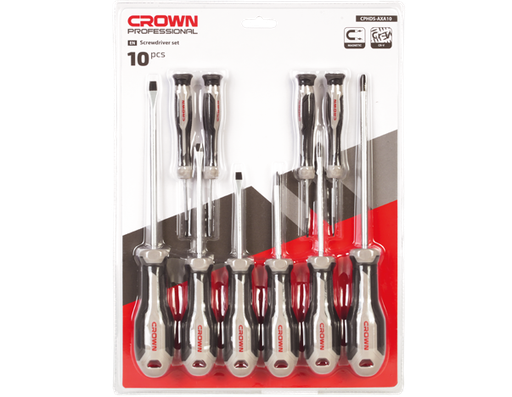[CRO-CPHDS-AXA10] crown Professionele schroevendraaierset 10-delig, CR-V, verchroomd
 5x75, 5x100, 6x150 /  PH1x75, PH1x100, PH2x150-CPHDS-AXA10