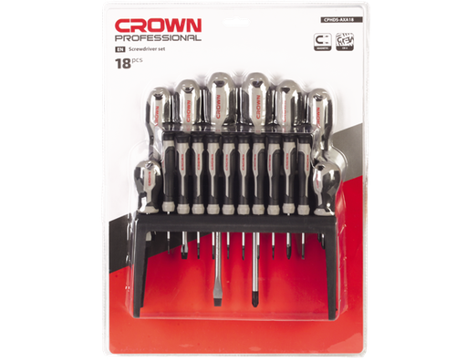 [CRO-CPHDS-AXA18] crown Professionele schroevendraaierset 18-delig, CR-V, verchroomd
 1,5x50, 2x50, 2,5x50, 3x50, 5x75, 6x38, 6x100, 8x150 /  PH000x50, PH00x50, PH0x50, PH1x75, PH2x38, PH2x100, PH3x150-CPHDS-AXA18